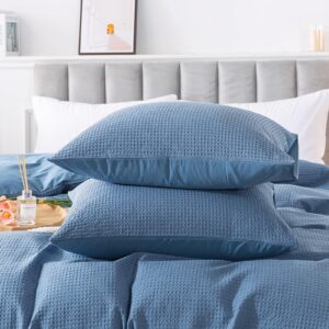 HoneiLife Waffle Weave Comforter Cover - Cotton Duvet Cover Sets Queen Size, Skin Friendly Bedlinen Set for All Season Use- Blue