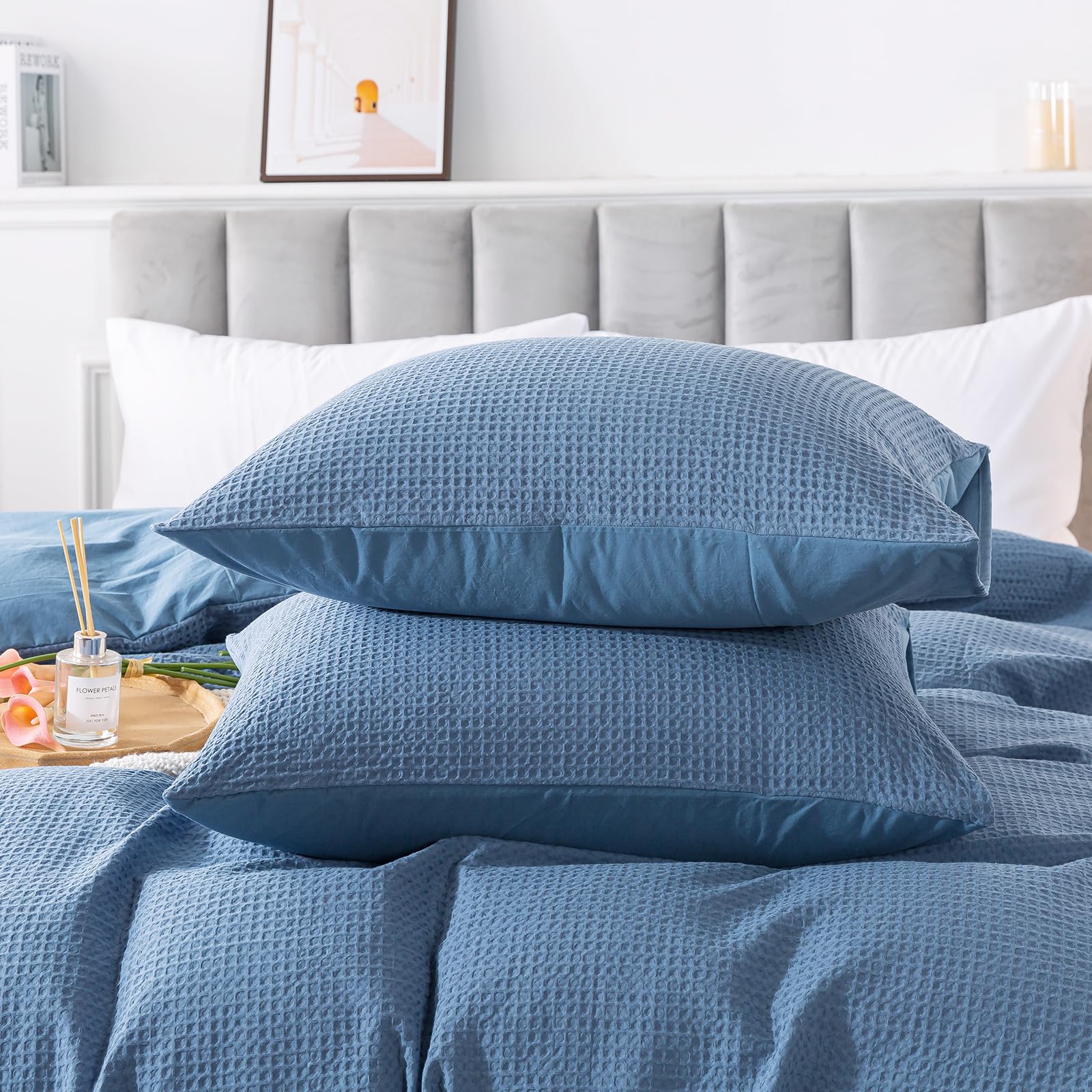 HoneiLife Waffle Weave Comforter Cover - Cotton Duvet Cover Sets Queen Size, Skin Friendly Bedlinen Set for All Season Use- Blue