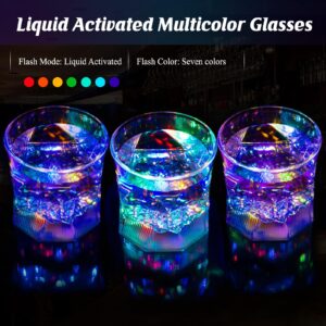 UPZAI LED Old Fashioned Glasses: 10oz Liquid Activated Multicolor Light Up Drinking Tumblers Set of 4 - Plastic Fun Cups for Water Beer Cocktail Whiskey Bar Party