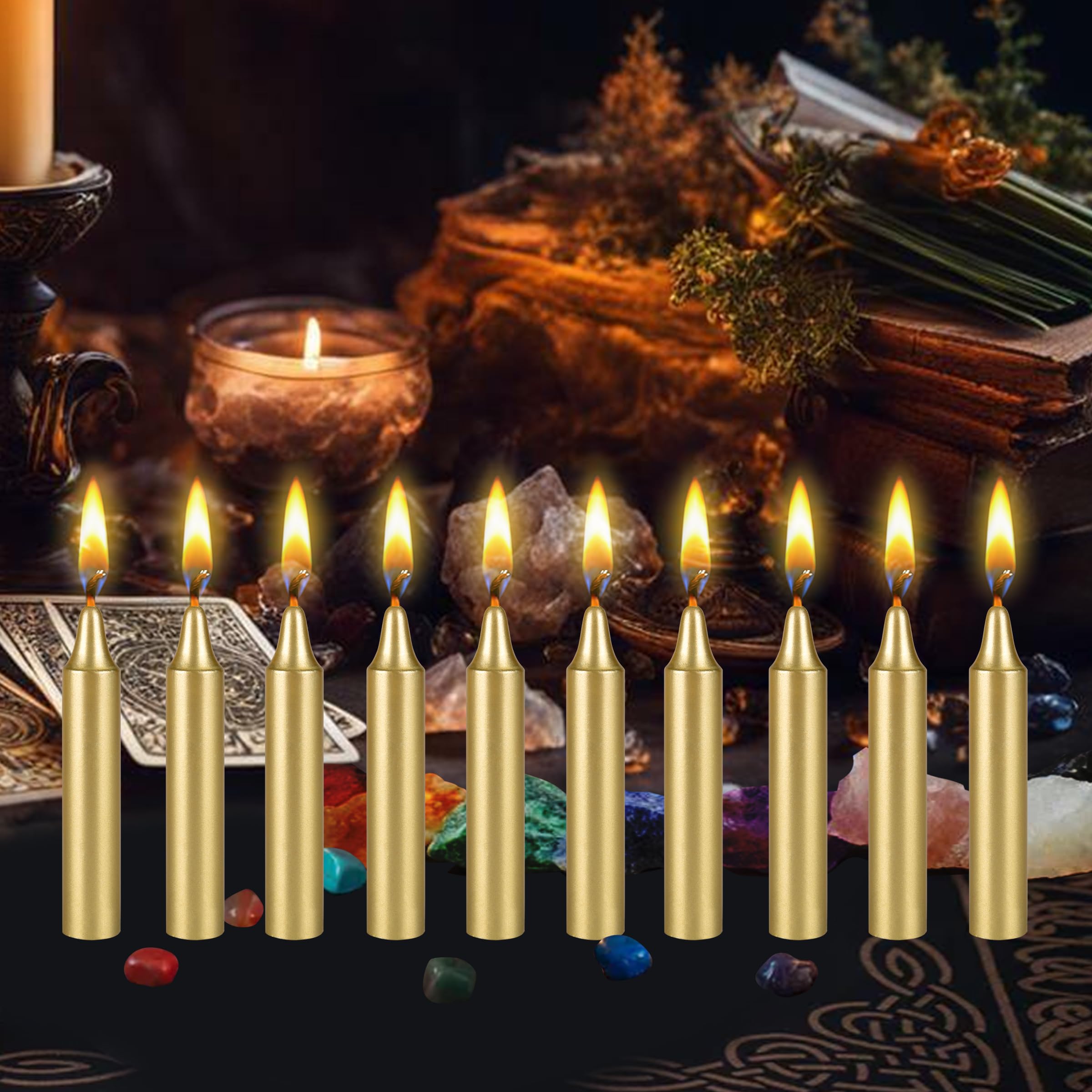 Mega Candles 10 pcs Unscented Gold Exquisite Mini Taper Candles, 4 Inch Tall x 3/4 Inch Diameter, Supreme Chimes, Enchantment, Rituals, Casting Spells, Witchcraft, Wiccan, Altar, Magic, Metaphysical