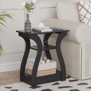 FROMJBEST End Table Set of 2 with Charging Station, Side Table with USB Ports and Outlets, Nightstand, 3 Tier End Table with Storage Shelf for Living Room, Bedroom(Black Set of 2)