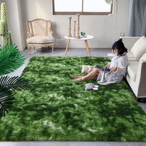 dweike fluffy modern area rugs for living room bedroom, 3x5 ft plush high pile dark green rug for kids girls room nursery home decor, upgrade non-slip girls bedroom soft indoor rug, dark green