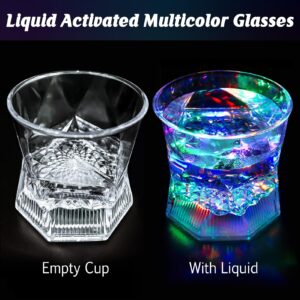 UPZAI LED Old Fashioned Glasses: 10oz Liquid Activated Multicolor Light Up Drinking Tumblers Set of 4 - Plastic Fun Cups for Water Beer Cocktail Whiskey Bar Party