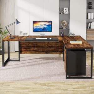 Tribesigns 70.8-Inch Executive Desk with File Cabinet, Large L Shaped Computer Desk with Storage Cabinet, L Shaped Desk with Drawer Cabinet, Rustic Brown & Black