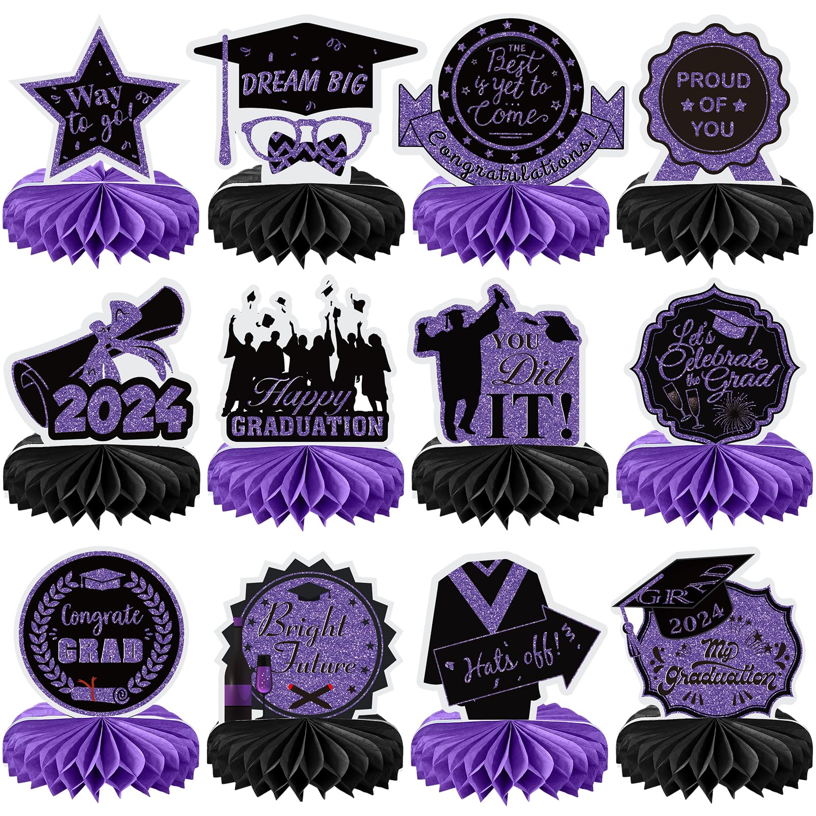 12PCS Graduation Decorations Class of 2024, Congrats Grad Table Centerpieces Graduation Honeycomb Centerpieces Grad Party Centerpieces 2024 Graduation Decorations for Party, Purple