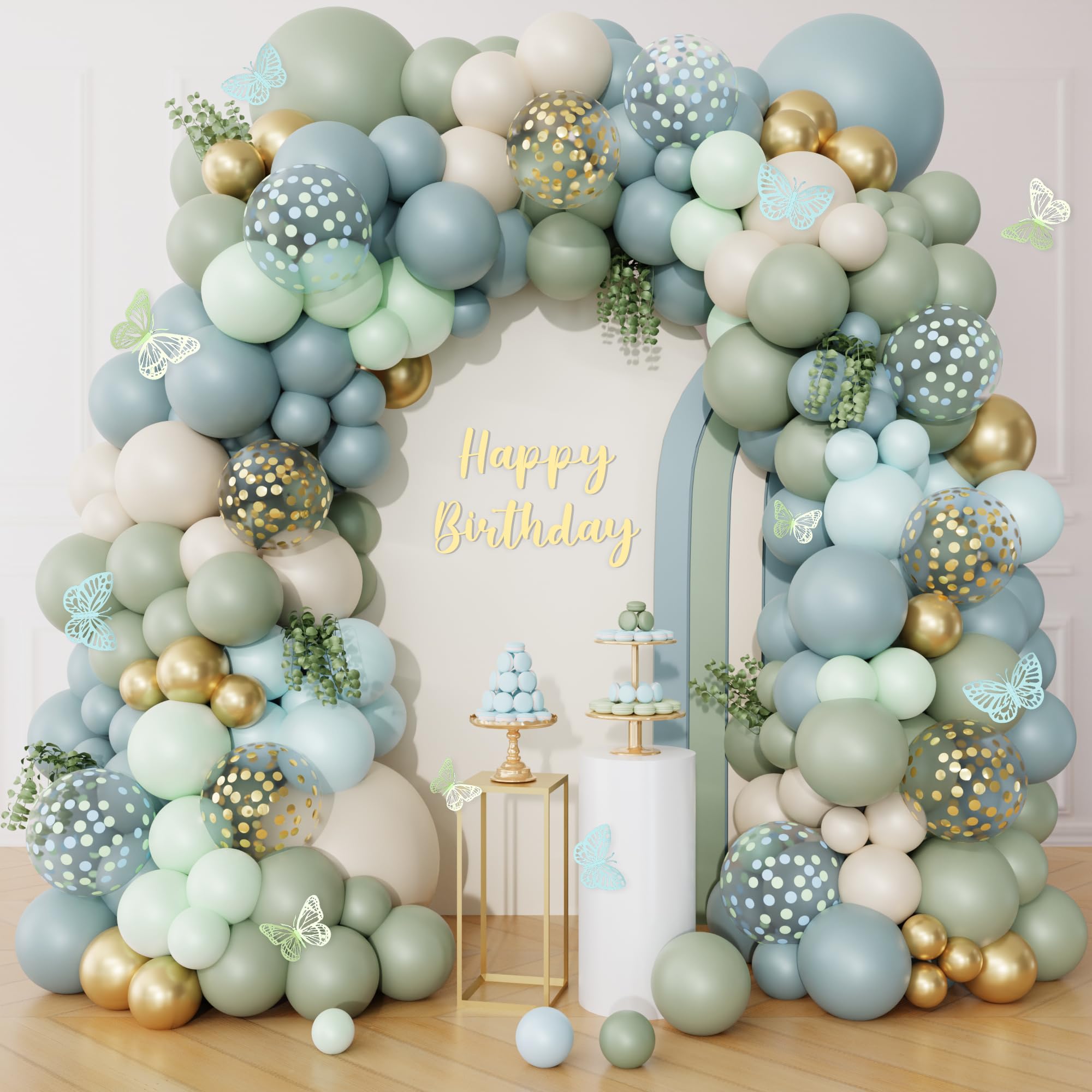 Ouddy Life Dusty Blue Balloon Arch Kit, 179pcs Sage Green Pastel Blue Sand White Gold Confetti Balloons Butterfly Stickers for Boho Baby Bridal Shower Birthday Wedding Woodland Party Decorations