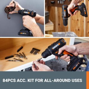 Worx 20V 3/8" Cordless Drill with 84pc Accessory Kit, Variable 2-Speed Drill Set 265 In-Lbs Torque 20+1 Clutch, Lightweight Compact Drill Driver 3/8-Inch Keyless Chuck – Battery & Charger Included