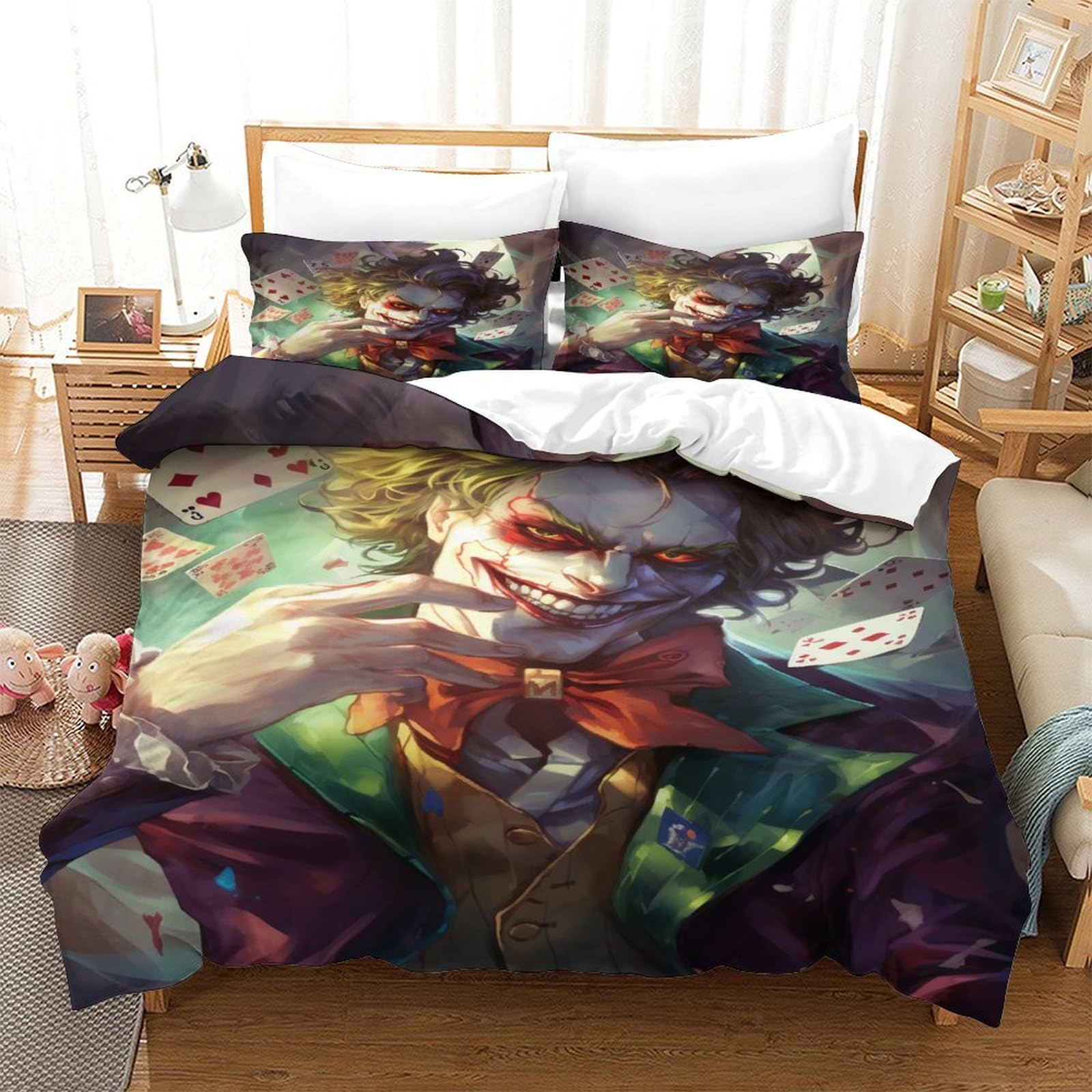 Joker Playing Card Bedding Set 3D Printedmagical Characters Comforter Covers Duvet Cover Quilt Cover with Pillowcases 3 Pieces Microfiber for Childrens And Adults with Zipper Closure Full（203x228cm）