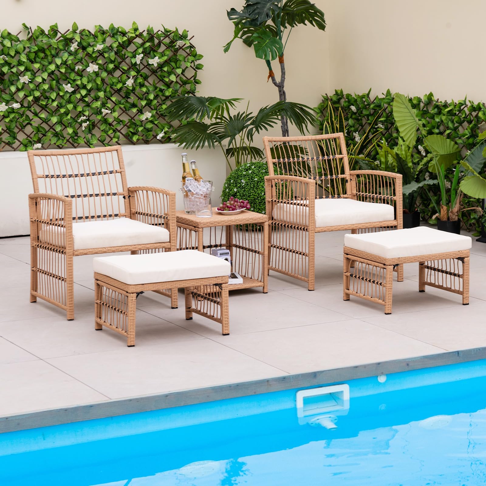 Tangkula 5 Piece Patio Wicker Sofa Set, Outdoor Rattan Conversation Set with Seat Cushions, 2-Tier Coffee Table & 2 Ottomans, Wicker Sofa Set for Backyard, Poolside (Natural)