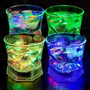 upzai led old fashioned glasses: 10oz liquid activated multicolor light up drinking tumblers set of 4 - plastic fun cups for water beer cocktail whiskey bar party