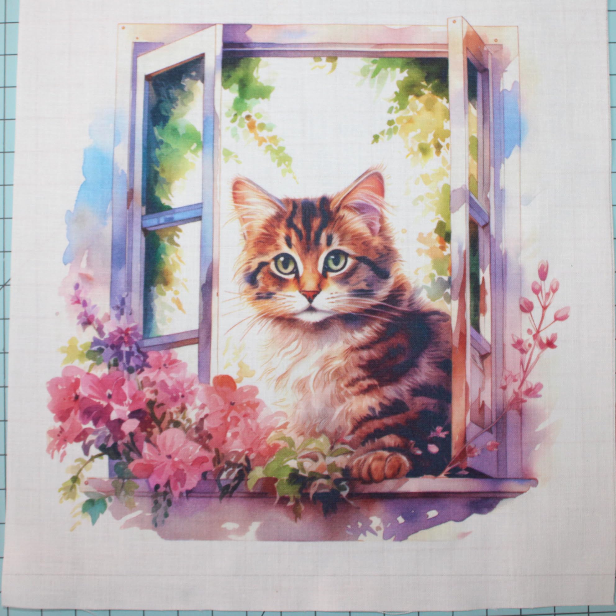 Fabric Panel 8"x8" Kitten in Window 100% Cotton Quilting Panel Square AM303