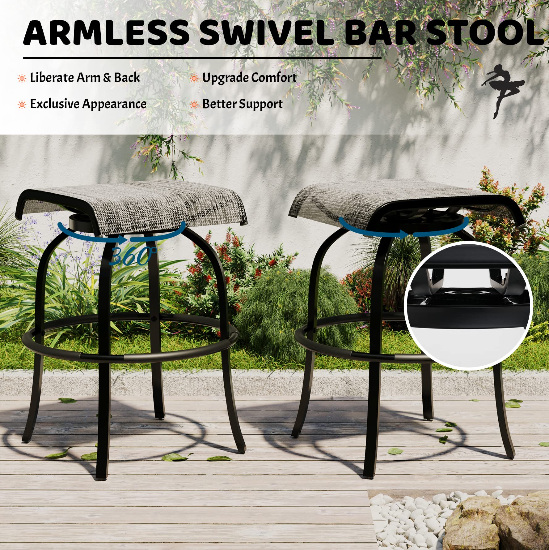 Outdoor Backless Swivel Bar Stools Set of 2, Patio Stools & Bar Chairs, Outside High Top Barstools, Breathable Textilene Fabric for Yard, Deck Porch, Balcony - Armless - Modern Gray