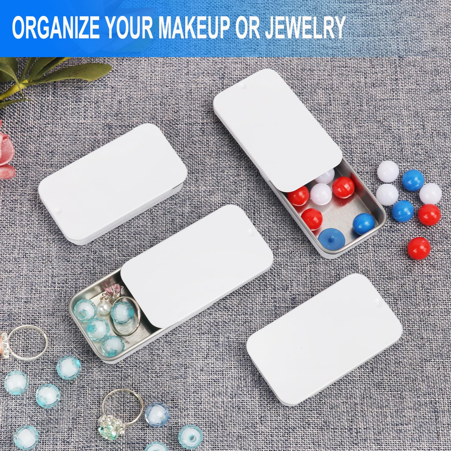 GENHAKON 50 PCS 2.36X1.3X0.43 Inch, Slide Top Tin Containers for Lip Balm, Rectangular Metal Tin Box with Sliding Lid for Small Items, Such as Candy, Charging cable, Pills, Earring, Jewelry, Etc