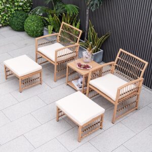 Tangkula 5 Piece Patio Wicker Sofa Set, Outdoor Rattan Conversation Set with Seat Cushions, 2-Tier Coffee Table & 2 Ottomans, Wicker Sofa Set for Backyard, Poolside (Natural)