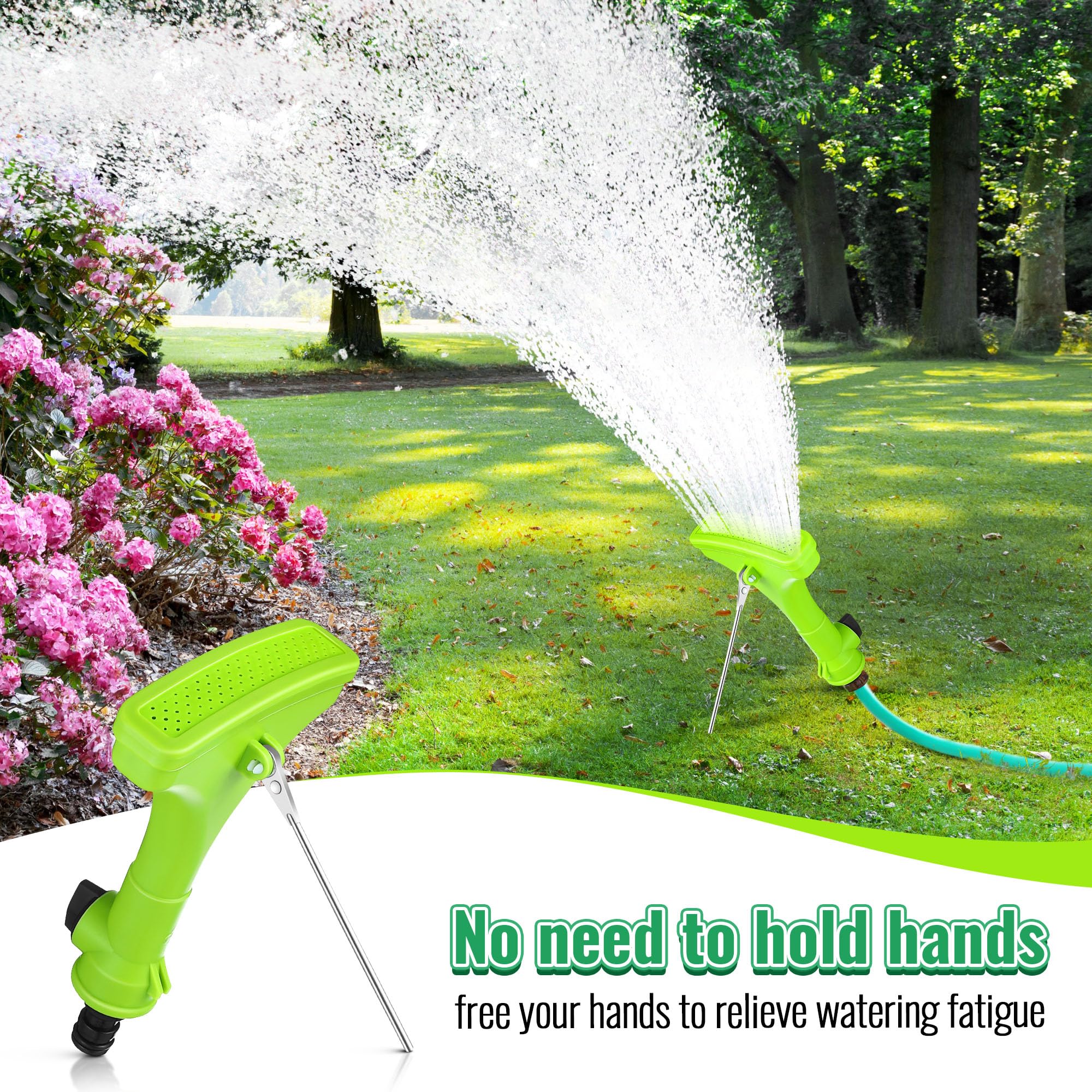 Dreyoo 2 Pack Fan Spray Nozzle for Garden Hose, Garden Hose Head Spray for Watering Wand with Flow Control and Pins Fixed to the Lawn, Green