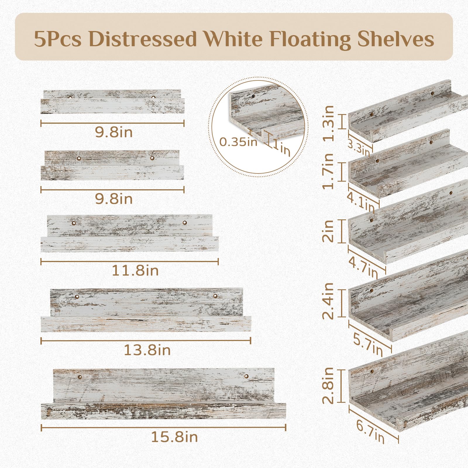 Walasis Rustic Shelves Wall-Mounted Distressed White - Farmhouse Wall Shelves 15.8 inch Wood Wall Decor Decorative Small Floating Ledge Shelf for Bedroom Living Room