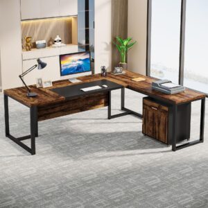 tribesigns 70.8-inch executive desk with file cabinet, large l shaped computer desk with storage cabinet, l shaped desk with drawer cabinet, rustic brown & black