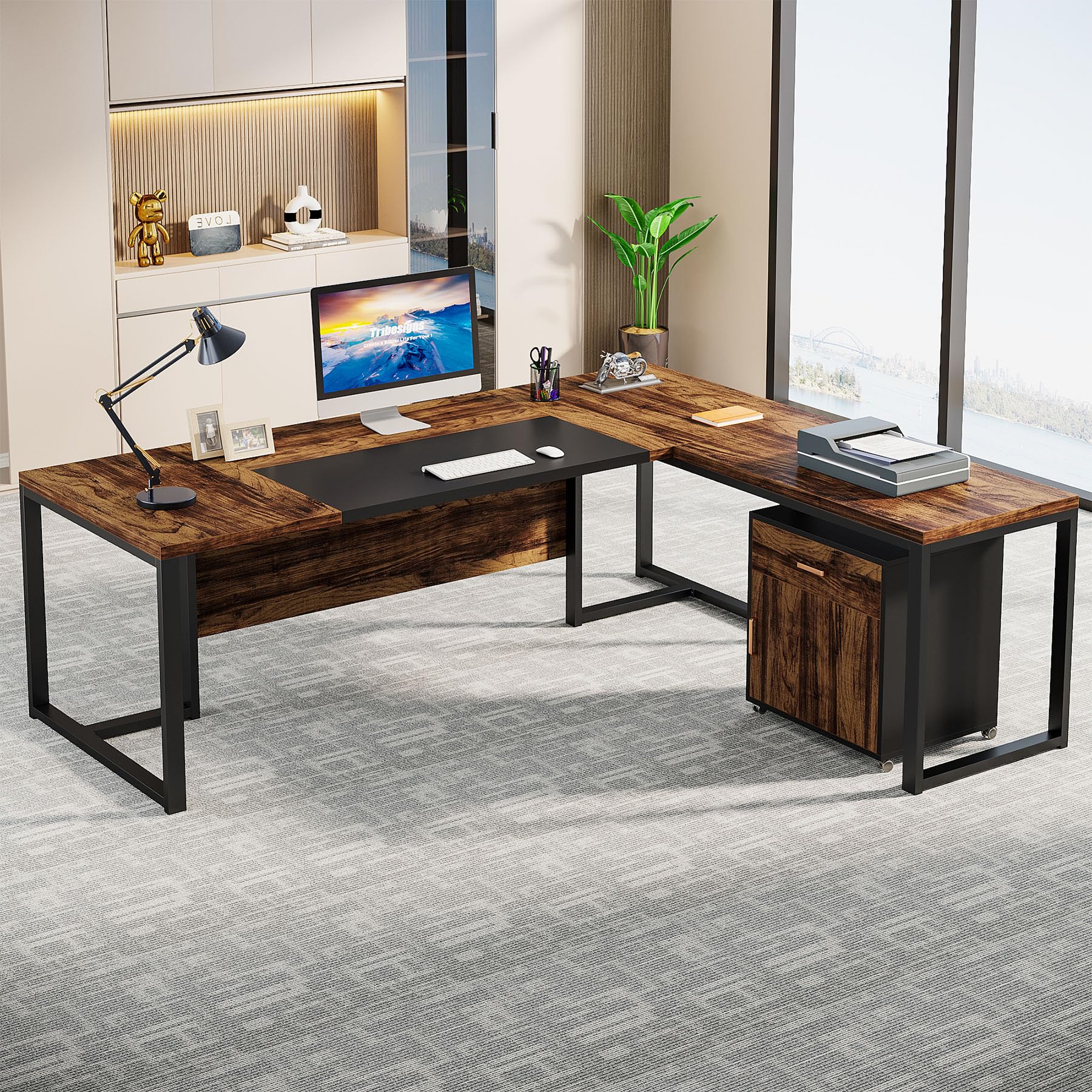 Tribesigns 70.8-Inch Executive Desk with File Cabinet, Large L Shaped Computer Desk with Storage Cabinet, L Shaped Desk with Drawer Cabinet, Rustic Brown & Black