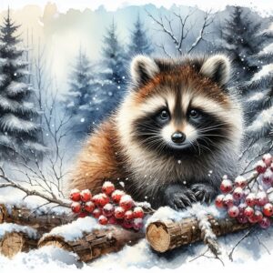 fabric panel 14"x14" winter raccoon 100% cotton quilting panel square am317