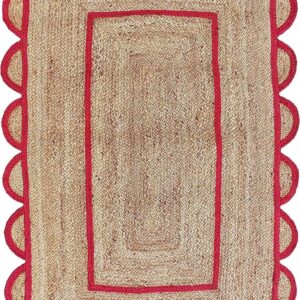 BUNDELA EXPORTS Scalloped Jute Area Rug, Floor Farmhouse Rug Natural Braided Reversible Boho Eco Large 2x12 Ft Runner Rug (RED)