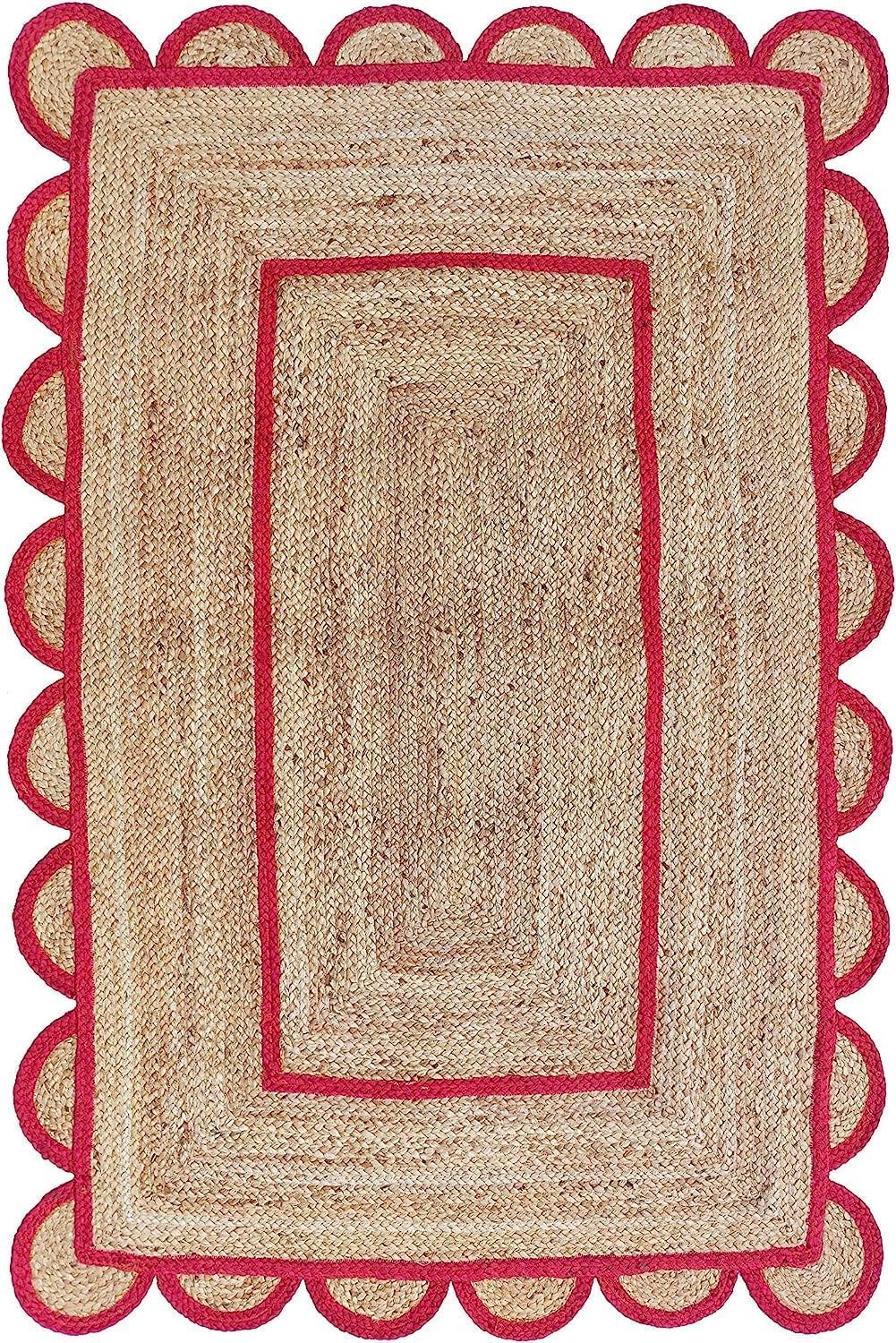 BUNDELA EXPORTS Scalloped Jute Area Rug, Floor Farmhouse Rug Natural Braided Reversible Boho Eco Large 2x12 Ft Runner Rug (RED)