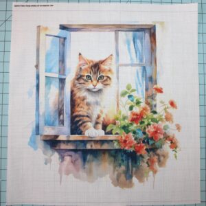 Fabric Panel 8"x8" Kitten in Window 100% Cotton Quilting Panel Square AM302