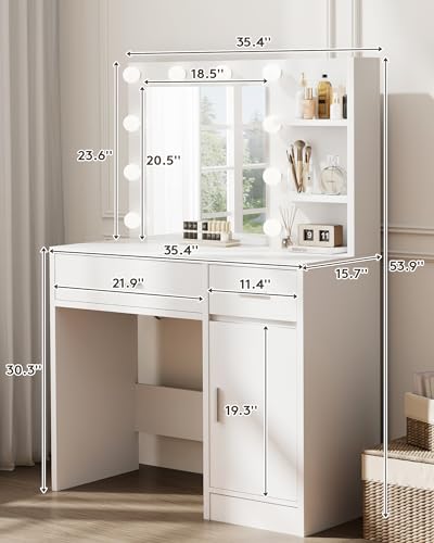 LIVELYGLOW Vanity Desk with Mirror and Lights, Makeup Vanity with Drawer & Storage Shelves, Cabinet, 3 Lighting Modes Adjustable Brightness, Bedroom Dressing Table, White