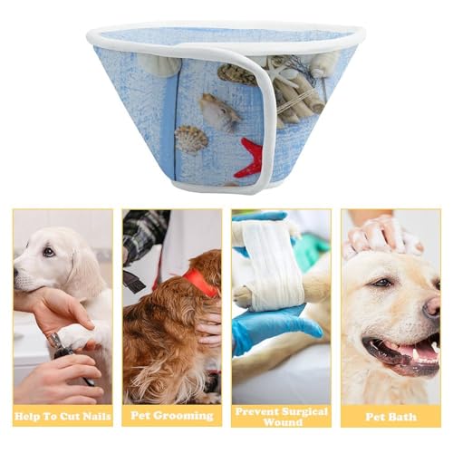 Blue Wooden with Shells, Starfish and Sand Soft Dog Cone Collars Protective Adjustable Cat Recovery Collar to Stop Licking S