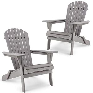 ajikgn outdoor wooden folding set of 2 solid cedar wood lounge patio garden, lawn, backyard adirondack chair, gray