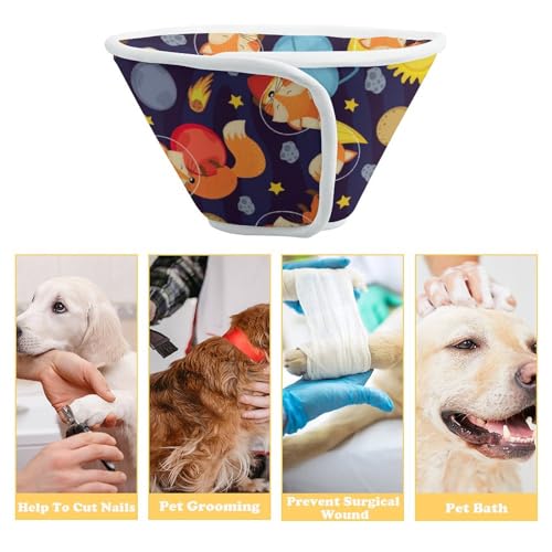 Cute Fox in Space Soft Dog Cone Collars Protective Adjustable Cat Recovery Collar to Stop Licking S