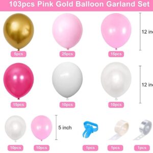 Pink Balloons Arch Kit Garland,103pcs Hot Pink Metallic Gold White Balloons, Pink Balloon Arch for Birthday Wedding Bridal Girl Baby Shower Party Decorations