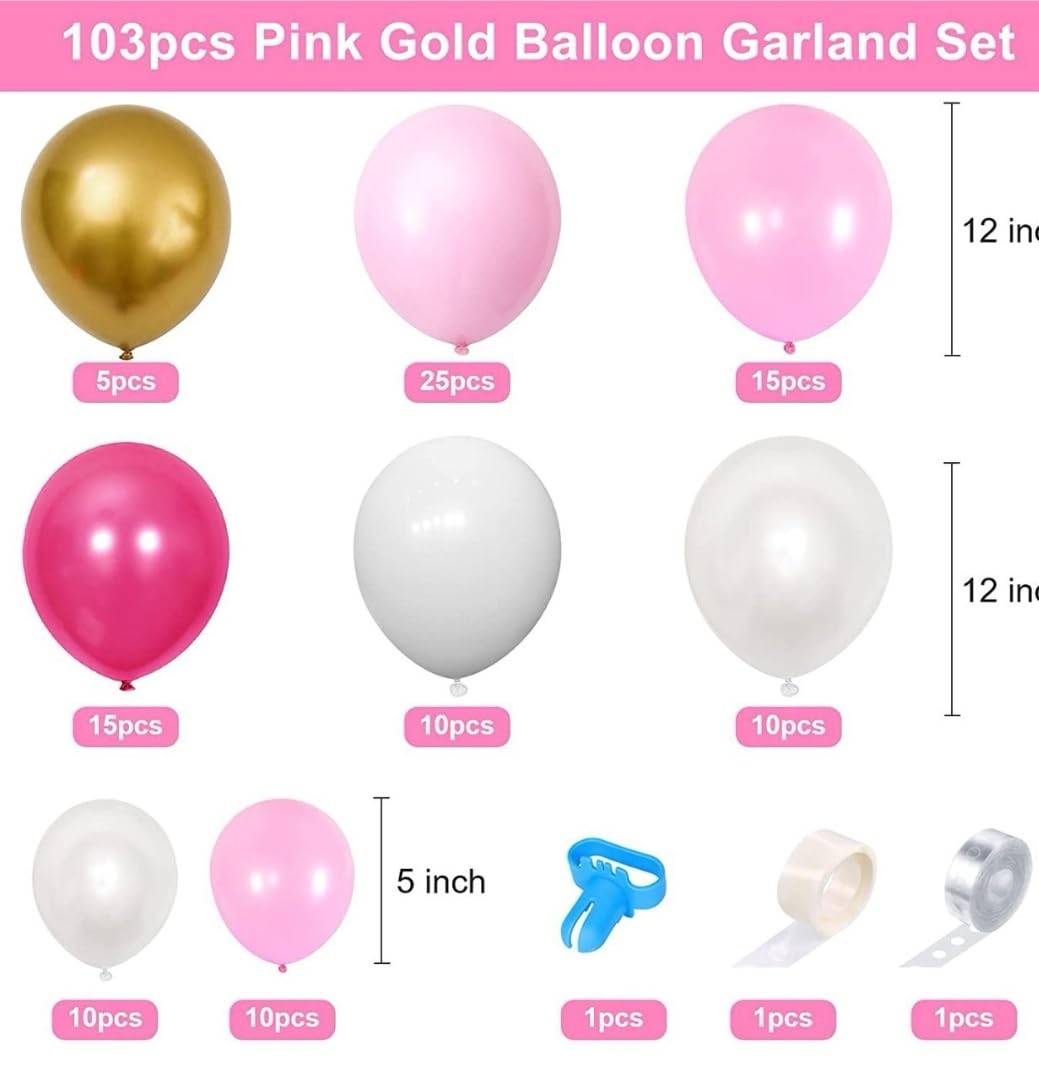 Pink Balloons Arch Kit Garland,103pcs Hot Pink Metallic Gold White Balloons, Pink Balloon Arch for Birthday Wedding Bridal Girl Baby Shower Party Decorations