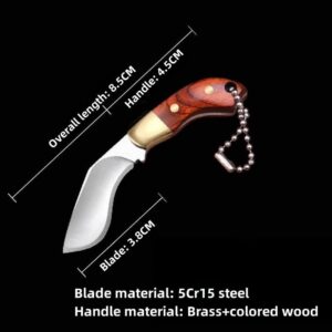 SZHOWORLD Ultra Small Fixed Blade Knife, 1.5inch 5Cr15 Stainless Steel Blade with Brass+Colored Wood Handle, Mini Creative Knife/Box Cutter with Leather Sheath for Every Day Carry (Red brown)