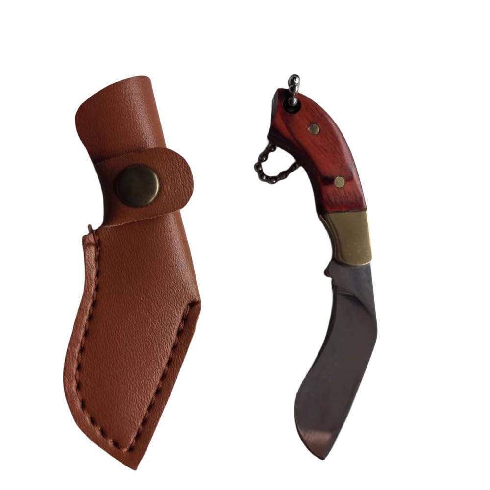 SZHOWORLD Ultra Small Fixed Blade Knife, 1.5inch 5Cr15 Stainless Steel Blade with Brass+Colored Wood Handle, Mini Creative Knife/Box Cutter with Leather Sheath for Every Day Carry (Red brown)