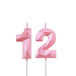 2 inch pink 12 & 21 birthday candles, 3d diamond number 12th & 21st cake topper for boys girls birthday party decorations theme party