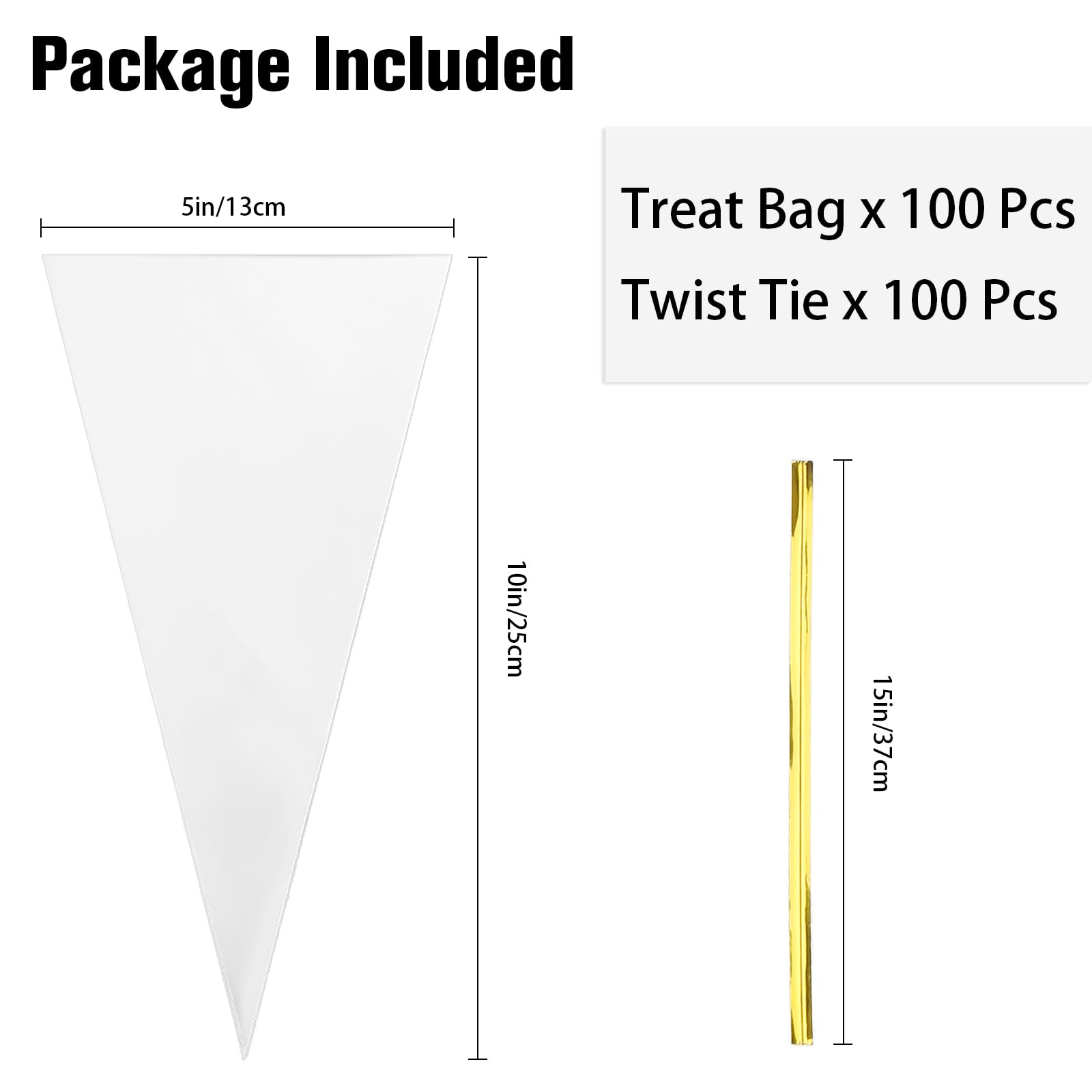 100 Pieces Cone Shaped Treat Bags, Cone Shaped Cellophane Treat Bags, 10 x 5 Inches Triangle Treat Bags with Ties, Clear Treat Bags, Plastic Treat Bags with Twist Ties for Popcorn Treats Cookies Candy