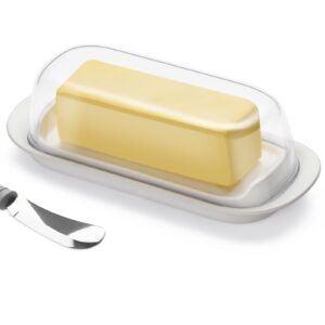 hekeieon butter dish with clear lid, butter keeper, easy scoop,butter container holds for east/west coast butter, dishwasher safe(white)