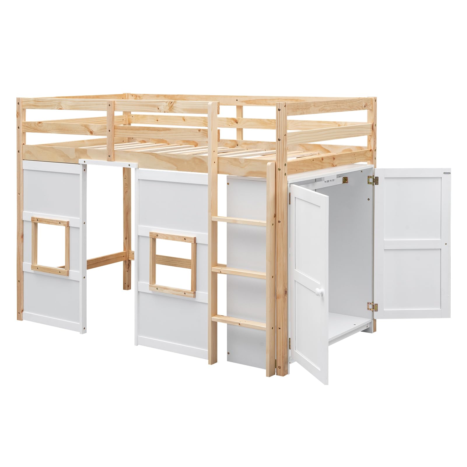 BestLM Wood Twin Size Loft Bed with Built-in Storage Wardrobe, Ladder, 2 Windows, and Full-Length Guardrails for Kids, Teens, Boys, Girls, Wooden Slats Support, No Box Spring Needed, Natural/White