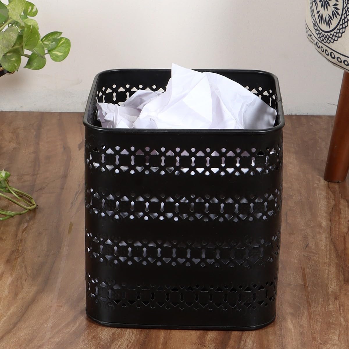 Brick Brown Raven Waste Basket in Metal | Trash Bin | Dustbin | Open Top Garbage Can for Bedroom, Living Room, Office, Study Room (8 x 8 x 8.5 Inch) Medium, Black