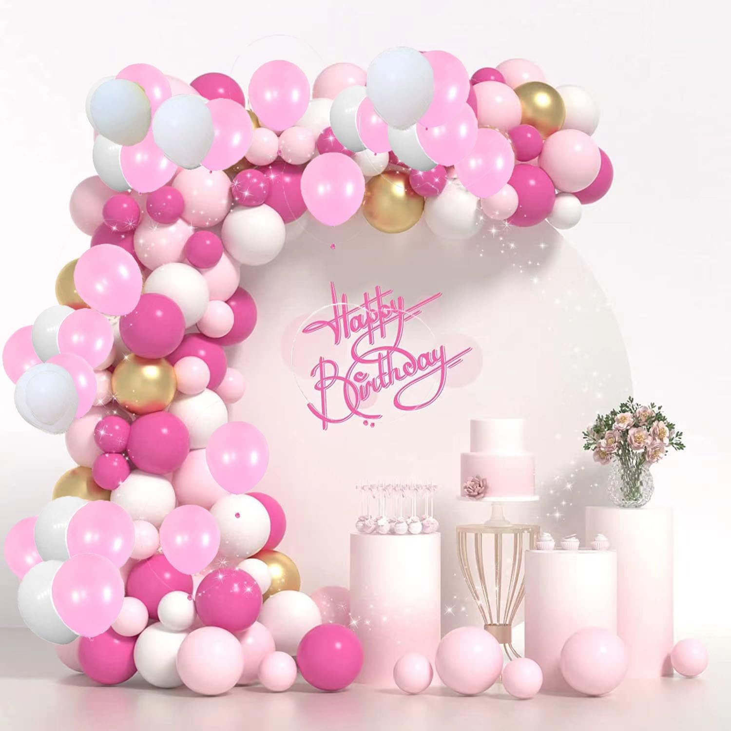 Pink Balloons Arch Kit Garland,103pcs Hot Pink Metallic Gold White Balloons, Pink Balloon Arch for Birthday Wedding Bridal Girl Baby Shower Party Decorations