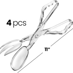 Pack of 4 11-Inch Clear Plastic Scissor Salad Tongs - Premium, Heavy-Duty, Reusable Serving Utensils for Catering, Cooking, Buffets, Party Supplies, and Weddings, Dishwasher Safe