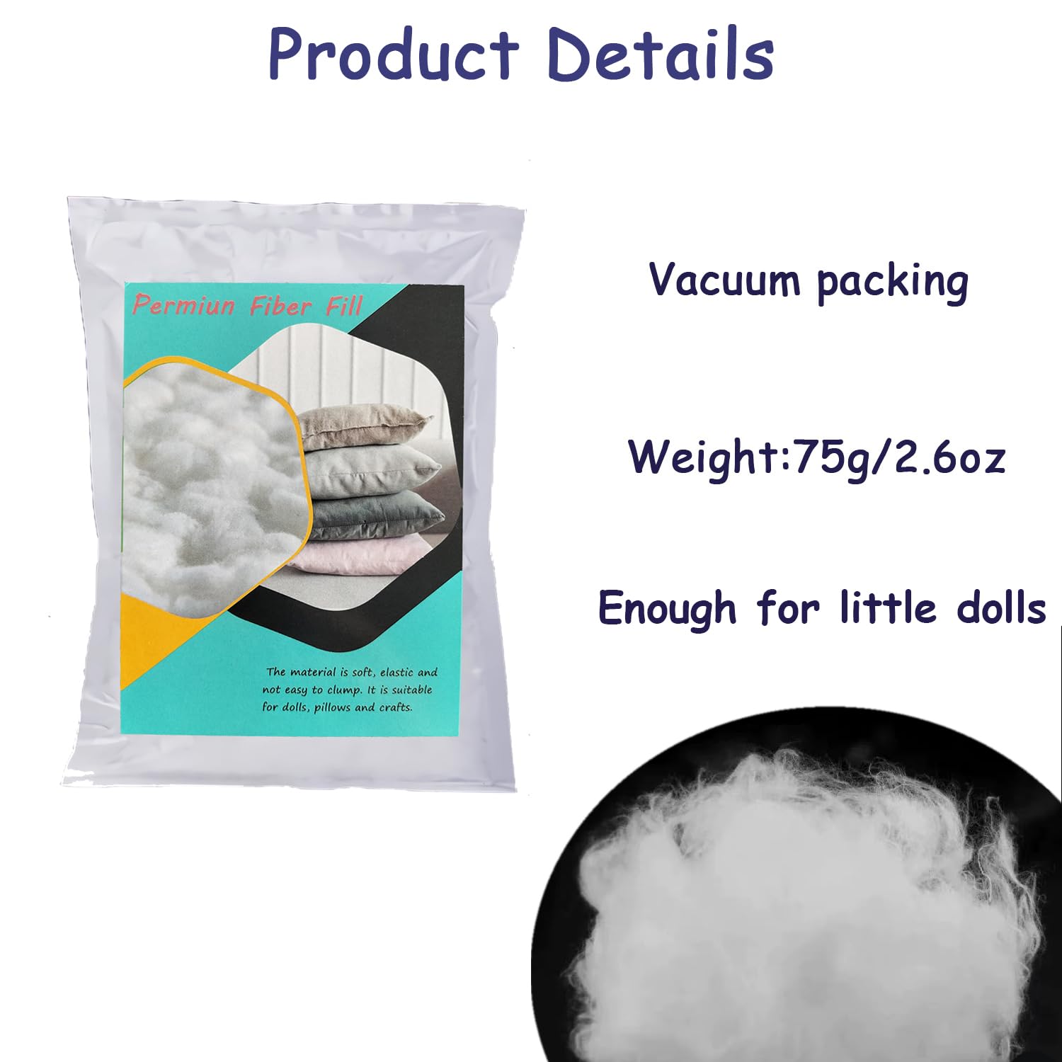 Vseegrs 75g/2.6oz Premium Ployester Stuffing for Stuffed Animals, Soft and Warm Down Feather Like DIY Toy Stuffing for Dolls, Fiber Filling pp Cotton Stuffing for Craft