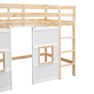 BestLM Wood Twin Size Loft Bed with Built-in Storage Wardrobe, Ladder, 2 Windows, and Full-Length Guardrails for Kids, Teens, Boys, Girls, Wooden Slats Support, No Box Spring Needed, Natural/White