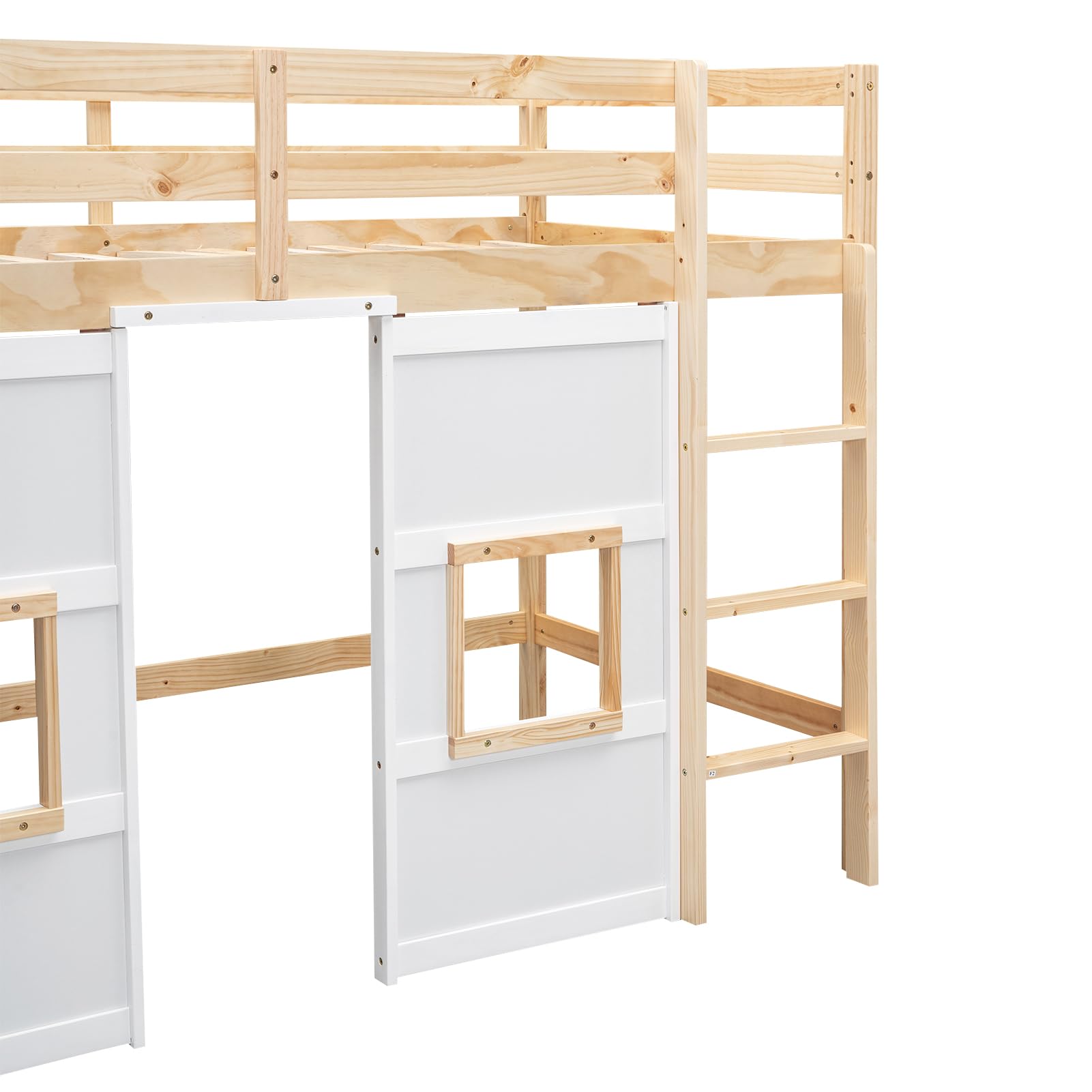 BestLM Wood Twin Size Loft Bed with Built-in Storage Wardrobe, Ladder, 2 Windows, and Full-Length Guardrails for Kids, Teens, Boys, Girls, Wooden Slats Support, No Box Spring Needed, Natural/White