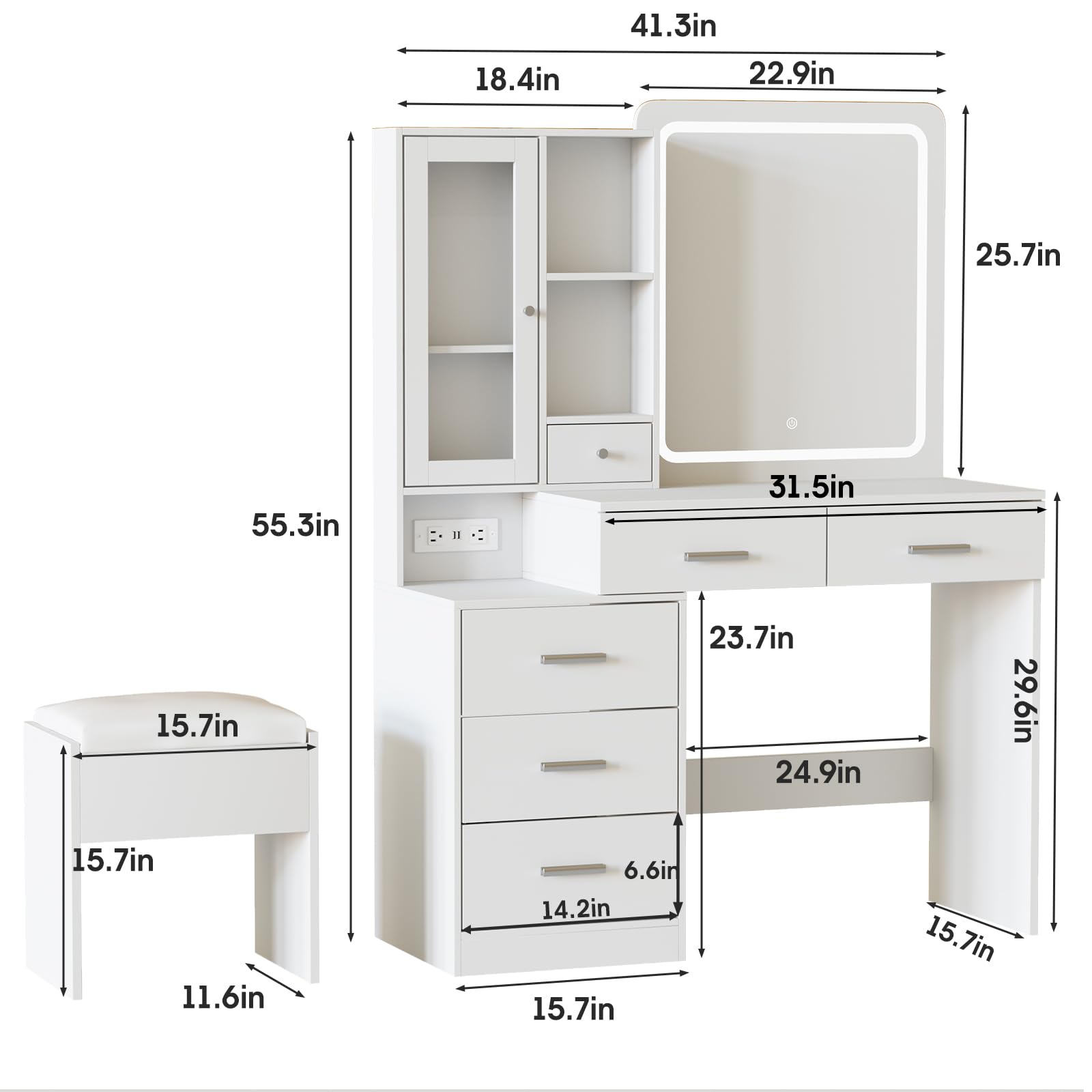 Fameill Makeup Vanity Desk with Mirror and Lights, White Vanity Table Set with Charging Station, Dressing Table with RGB Cabinet, Makeup Vanity Mirror with 5 Drawer, Hooks, Storage Shelves, Chair