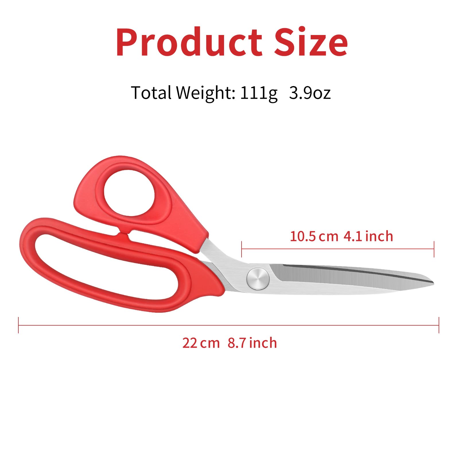 Vutyvve Left Handed Fabric Scissors for Cutting Fabric, Clothing, Textiles, Leather, 22cm Tailor's Scissors, Red