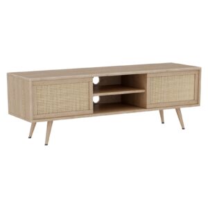 theokleia tv stand for 55 inch tv, mid century modern tv stand entertainment center rattan media console table with sliding open storage cord holes for living room bedroom