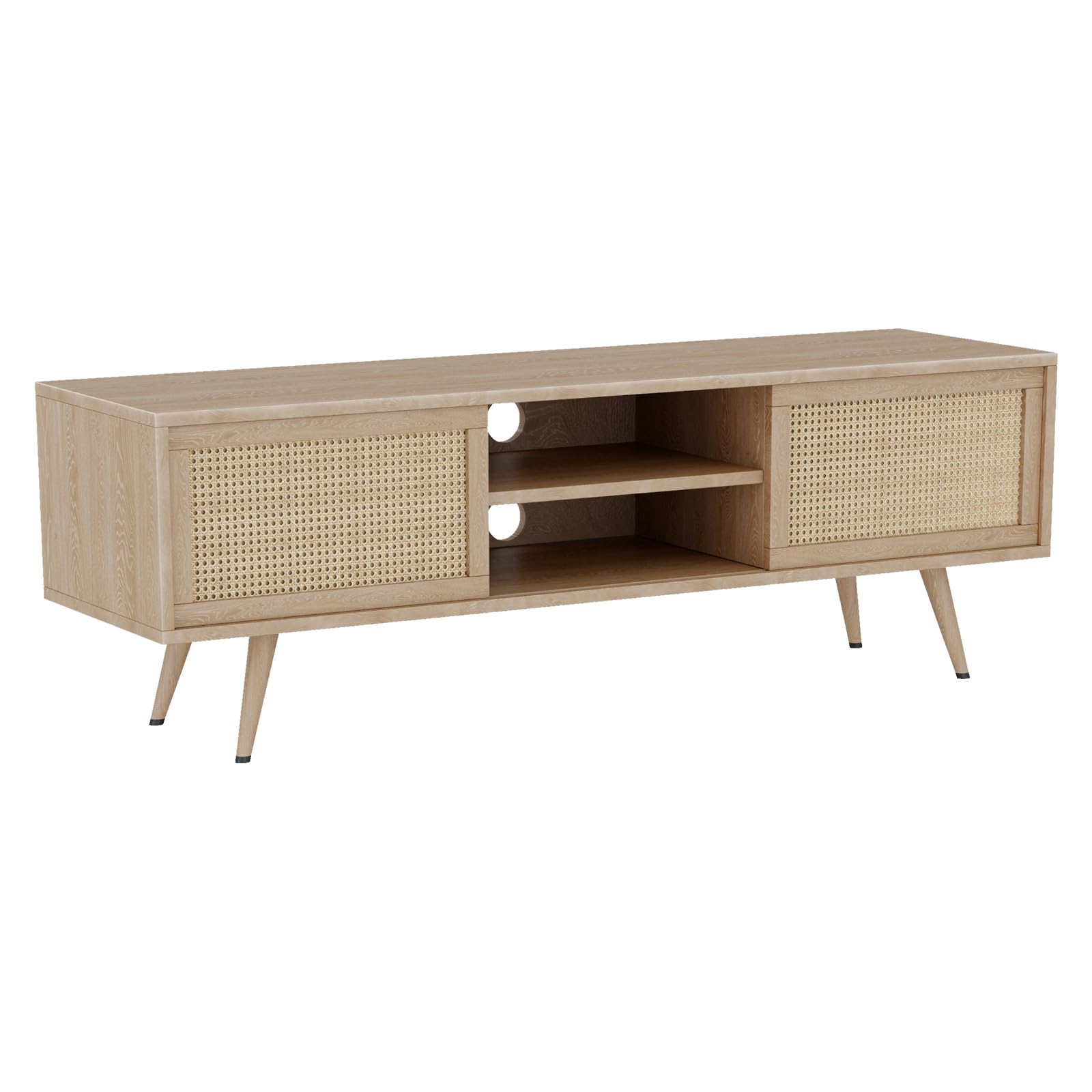 Theokleia TV Stand for 55 Inch TV, Mid Century Modern TV Stand Entertainment Center Rattan Media Console Table with Sliding Open Storage Cord Holes for Living Room Bedroom