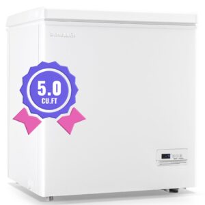 chest freezer 5.0cubic feet with intelligent temperature control(-15°f to 41°f), deep freezer with two hanging baskets and side defrost water drain, top open door freezer white