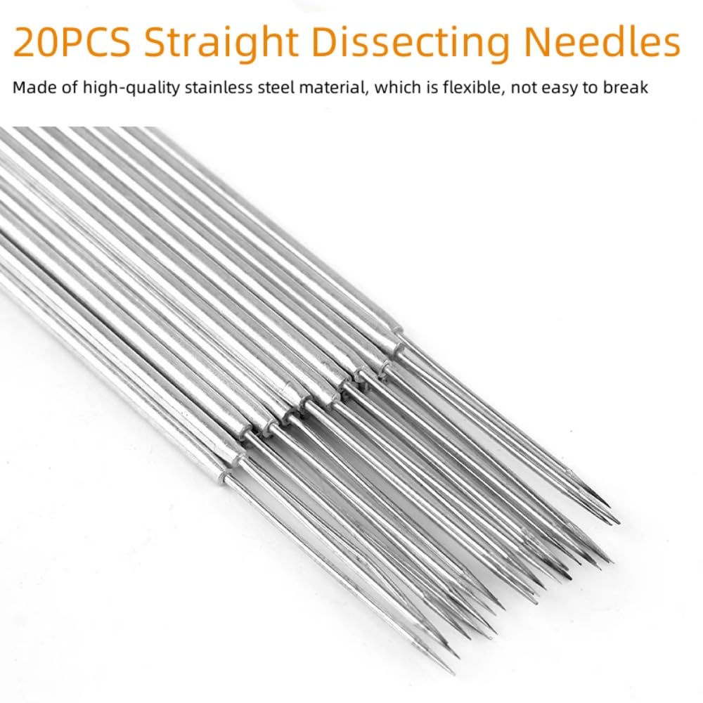 20pcs Straight Dissecting Needles, Stainless Steel Single Ended Micro Fine Precision Probe Teasing Needles Micro Fine Anatomy Pins for Students Lab Specimen Dissecting Biology Class Science Experiment